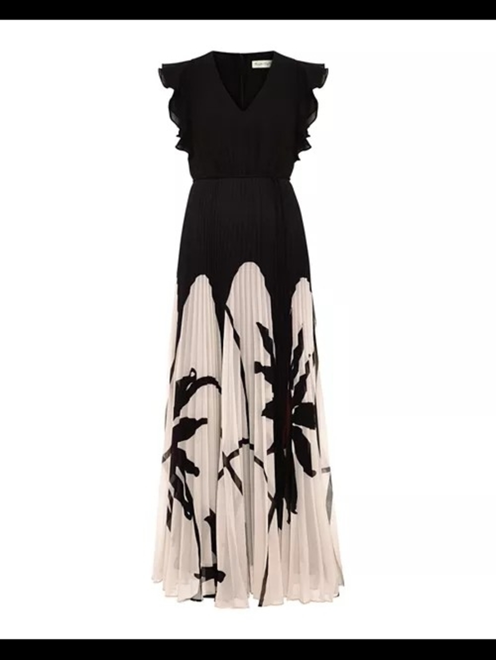 Black and Ivory Pleated Maxi Dress with Floral Print